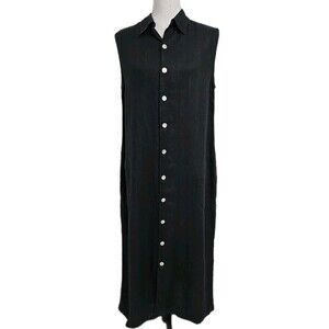 Chicos Design 100% Linen Button Up Sleeveless Maxi Dress Pockets Black Sz 2 VTG